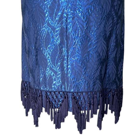 Lilly Pulitzer Marquette Silk Metallic Blue Leaf Jacquard Fringe Shift Dress - S - Picture 11 of 16